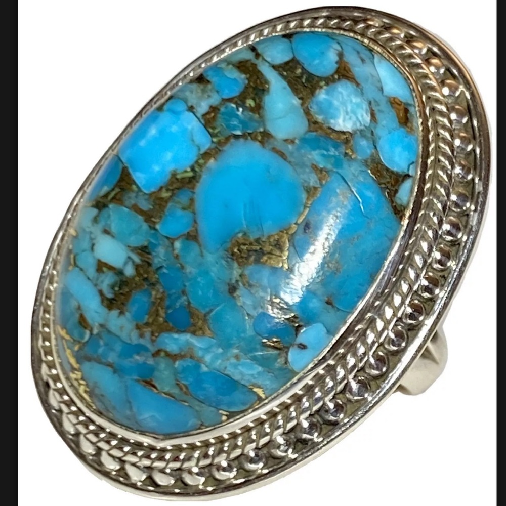Sterling Silver Turquoise Copper Cocktail Ring Size 5 Boho Jewelry HUGE